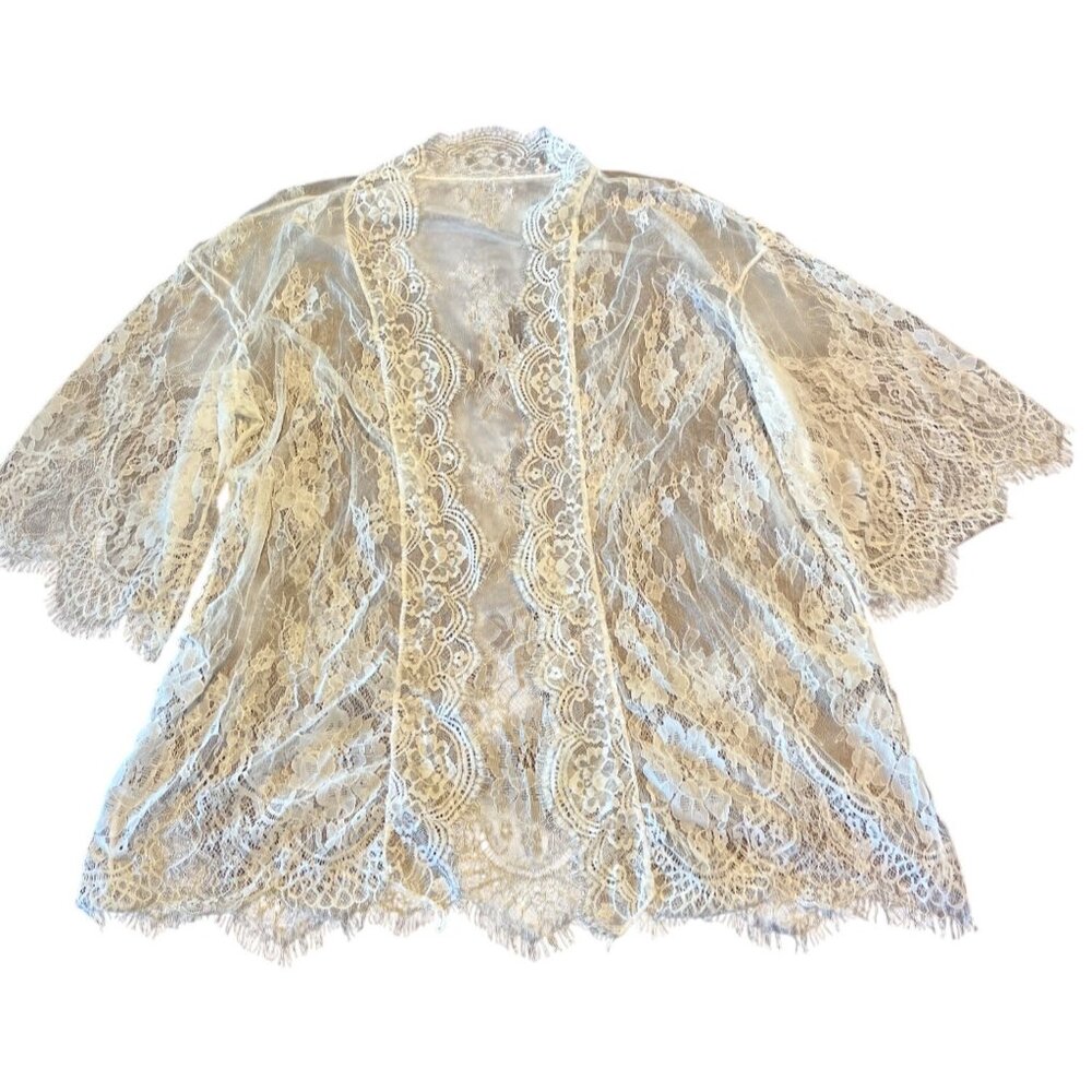 Lace Kimono Cardigan Sheer White M Boho Cover-Up Scalloped Edges Delicate Design